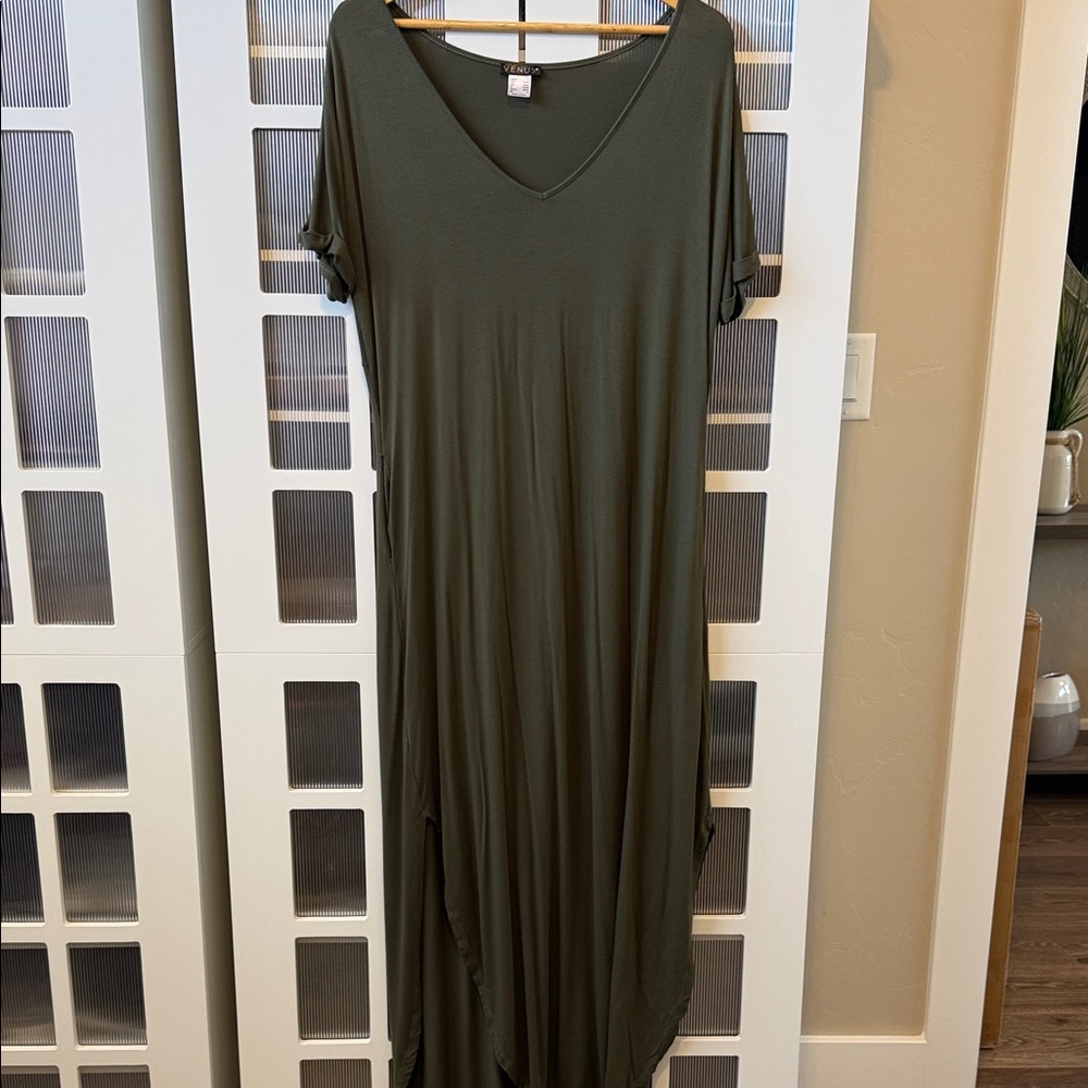 Olive Green V-Neck Maxi Dress